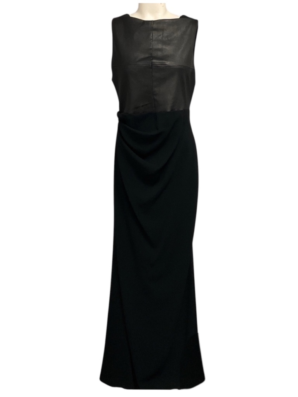 TALBOT RUNHOF BLACK SLEEVELESS LEATHER AND CREPE GOWN / MAXI DRESS